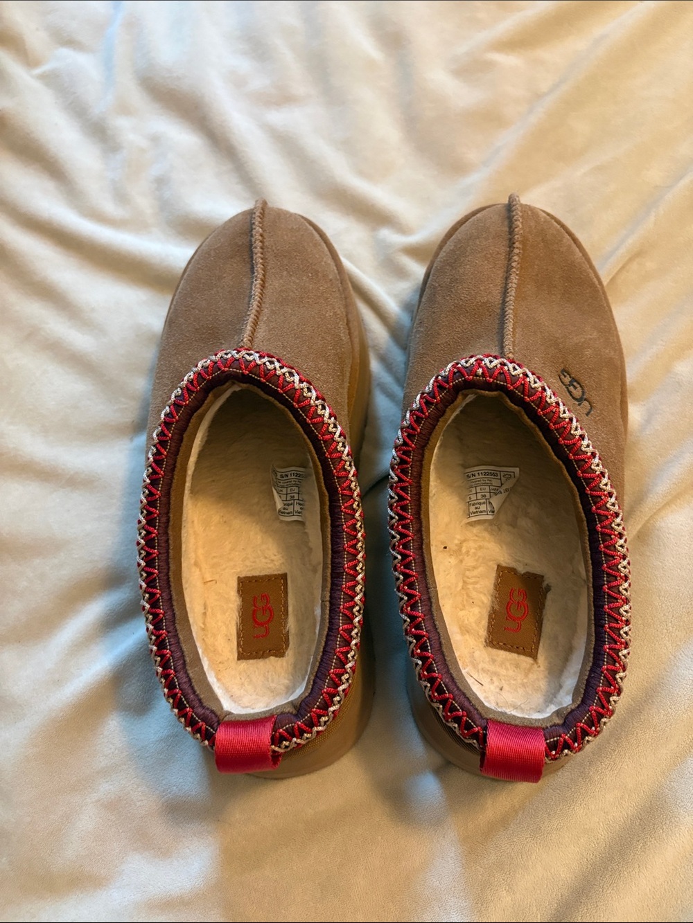 UGG Women's Chestnut Suede Slip-On Slippers with Red Trim